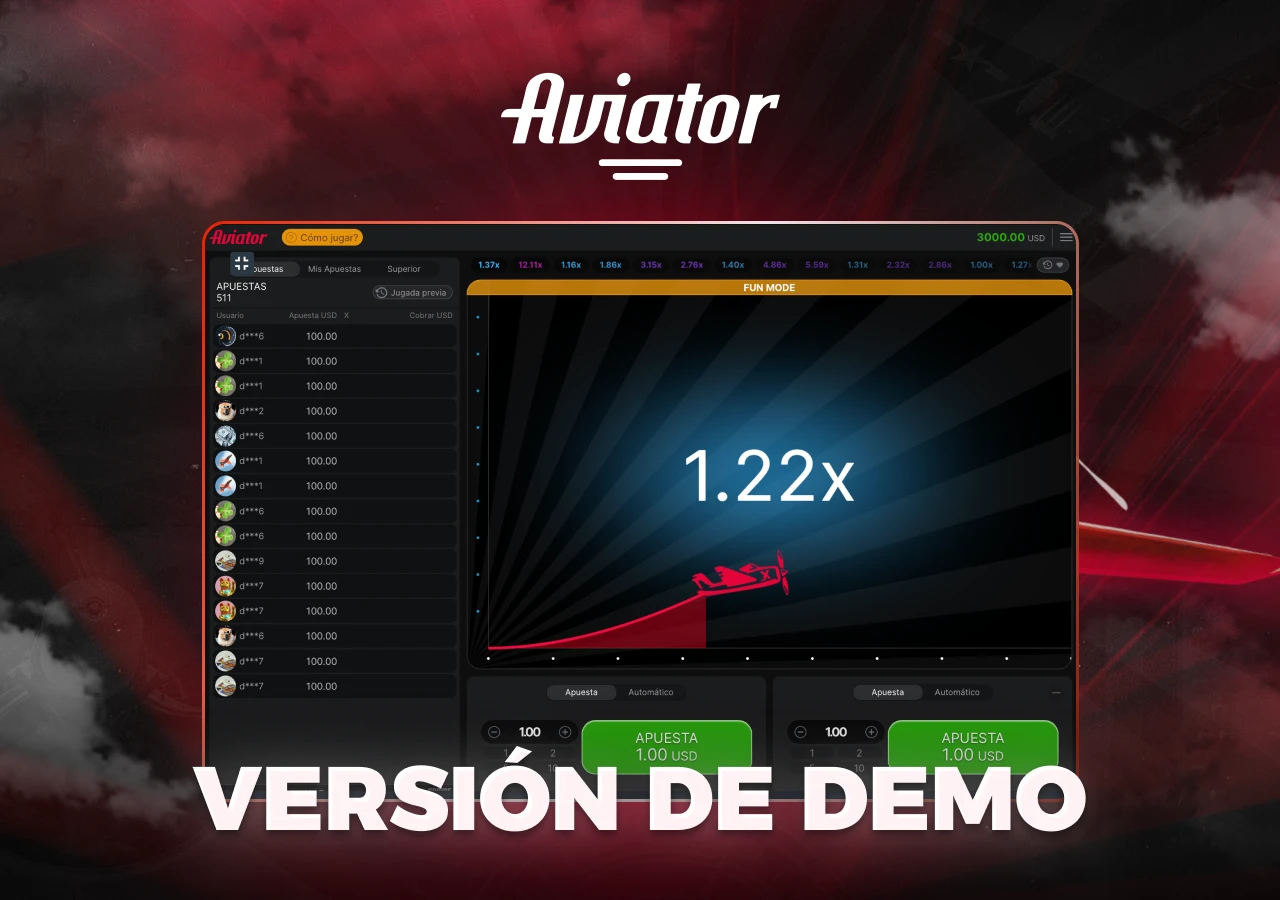 Interfaz del modo demo para Aviator con despegue automático y sin riesgo de pérdidas
